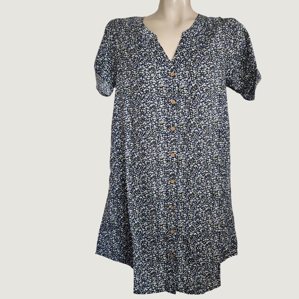 Aventura Womens XS Blue Floral Ditsy Button Down Tunic Mini Dress Short Sleeve